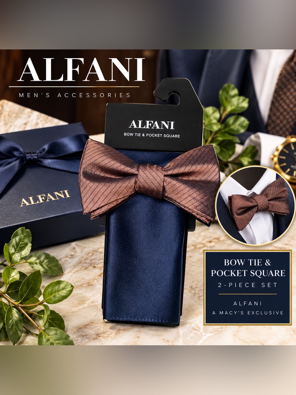 Alfani Men’s Pre-Tied Bow Tie & Pocket Square 2-Piece Set – Brown/Navy NWT